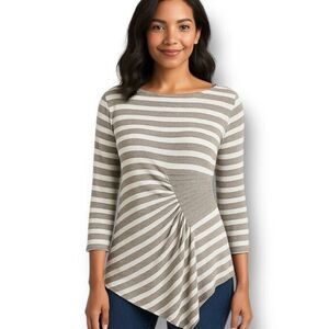 ECI NY Metallic Stripe Asymmetrical Pleated Top Beige Feminine Minimalist Size L